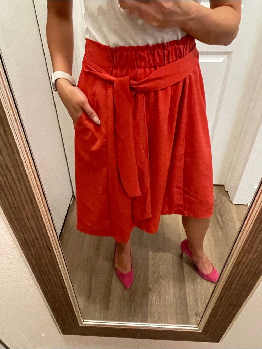 Women's Pink Red Tie-Waist Midi Skirt